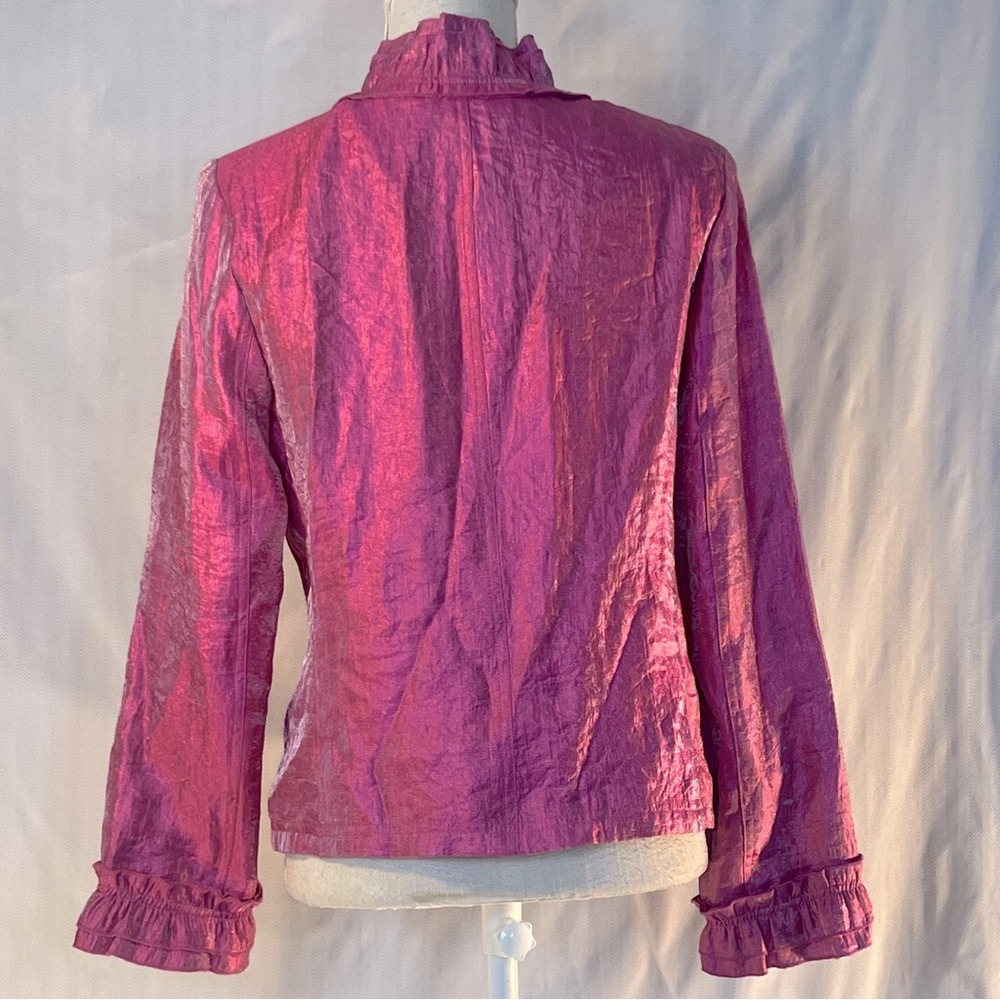 Rafael Jacket Pink Iridescent Open Front Small Tie Ruffle Front & Cuffs EUC 10 - Picture 5 of 8